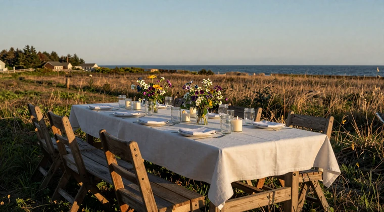 Long wooden farm table set for a rustic outdoor dinner in a Maine coastal blueberry field with ocean in the distance at golden hour