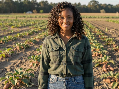 Tanya, 31-year-old North Carolina sweet potato farmer smiling in field - north carolina farmers dating