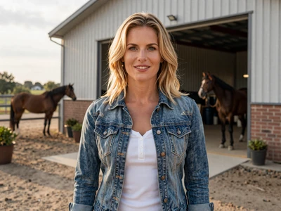 Catherine, a 38-year-old equestrian ranch owner at her training facility - wealthy farmer singles