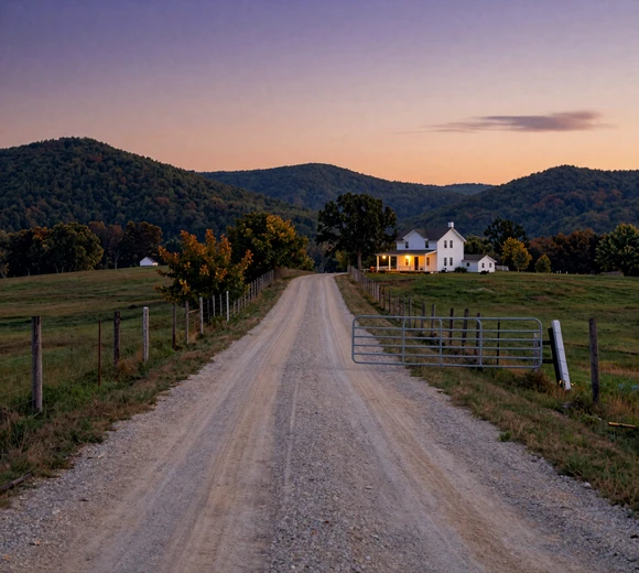 Gravel road through Missouri Ozark hills at dusk with farmhouse in distance - Missouri rural dating challenges