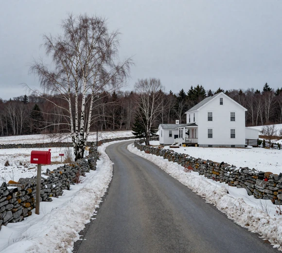 Winding Maine country road through snow-covered farmland with stone walls and distant spruce forest - rural dating Maine challenges