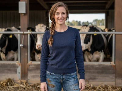 Sarah, 30-year-old dairy farmer smiling in barn doorway with Holstein cows - rural singles Minnesota