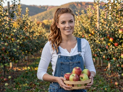 Sarah, 30-year-old apple orchardist holding basket of fresh apples in Eastern Panhandle West Virginia orchard - mountain farm singles