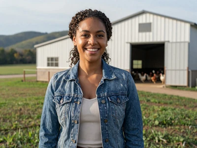 Tamara, 29-year-old poultry farm manager smiling in front of modern Arkansas farm - rural singles Arkansas