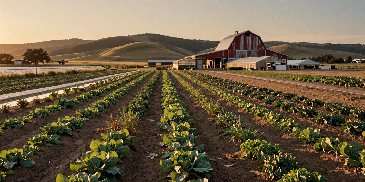 Lush specialty crop farm with rows of Asian greens at golden hour - Asian farmers dating