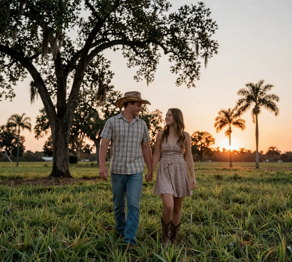 Couple walking through a Florida pasture at golden hour with live oak trees and Spanish moss - farm dating Florida romance