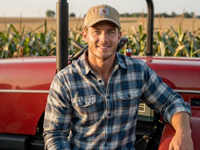 Bryce, 32-year-old Indiana corn farmer smiling by his tractor - farm dating Indianapolis