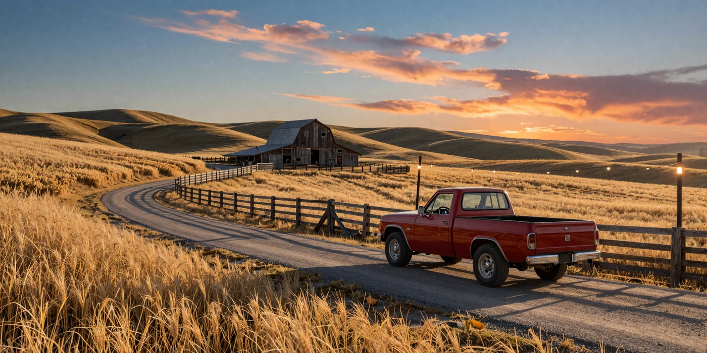 Golden sunset over a country road with wheat fields and a rustic barn - country farmers dating