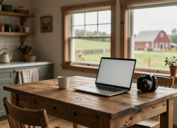 Farmhouse kitchen table with laptop overlooking green pastures - where Simple Dimple Farm Match was conceived