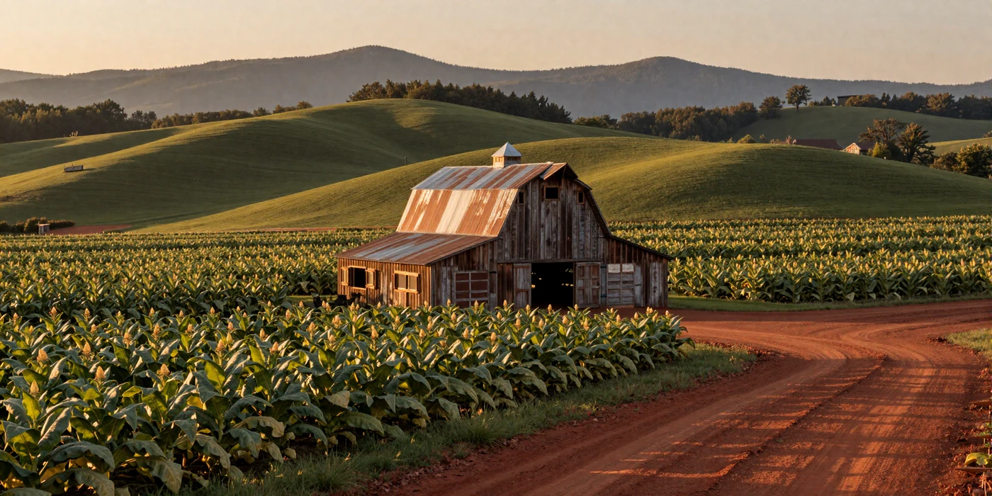 North Carolina tobacco barn at golden sunset with Blue Ridge mountains in the distance - north carolina farmers dating