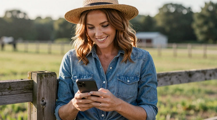 Young farmer woman creating her dating profile on a smartphone by a pasture fence at sunset