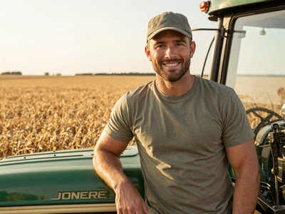 Marcus, 35-year-old Ohio grain farmer leaning on tractor in soybean field near Findlay - rural singles Ohio