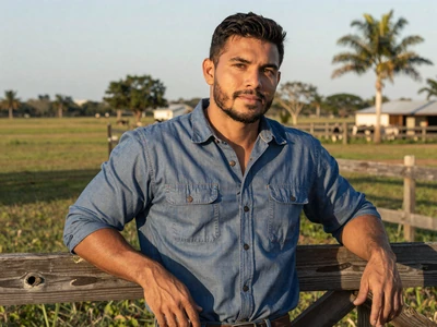Carlos, 33-year-old Florida cattle rancher leaning on fence post with green pastures behind him - agricultural singles Florida