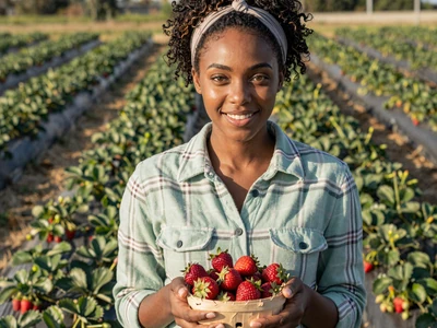 Jasmine, 31-year-old Florida strawberry farmer holding a basket of fresh berries in Plant City field - farm dating Florida