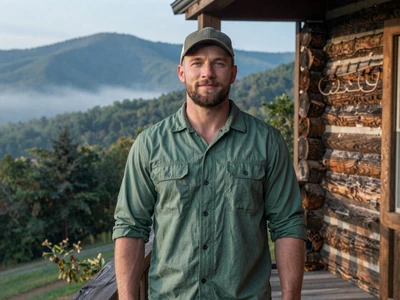 Caleb, 36-year-old East Tennessee mountain homesteader on cabin porch with Smoky Mountains - Tennessee farm dating
