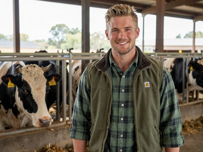 Erik, 33-year-old Wisconsin dairy farmer smiling in barn with Holstein cows - wisconsin farmers dating