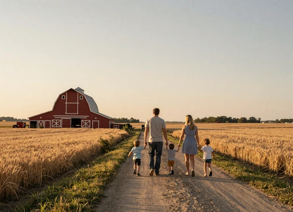 Christian farm family walking together at sunset on their homestead - Christ-centered rural life