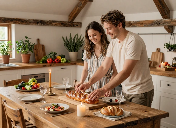 Couple preparing Shabbat dinner with challah and candles at a farmhouse table - Jewish farm family values