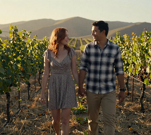 Couple walking through California vineyard at golden hour - farm dating California romance