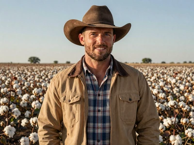 Travis, 38-year-old Texas cotton farmer standing in cotton field at harvest - ranch singles Texas