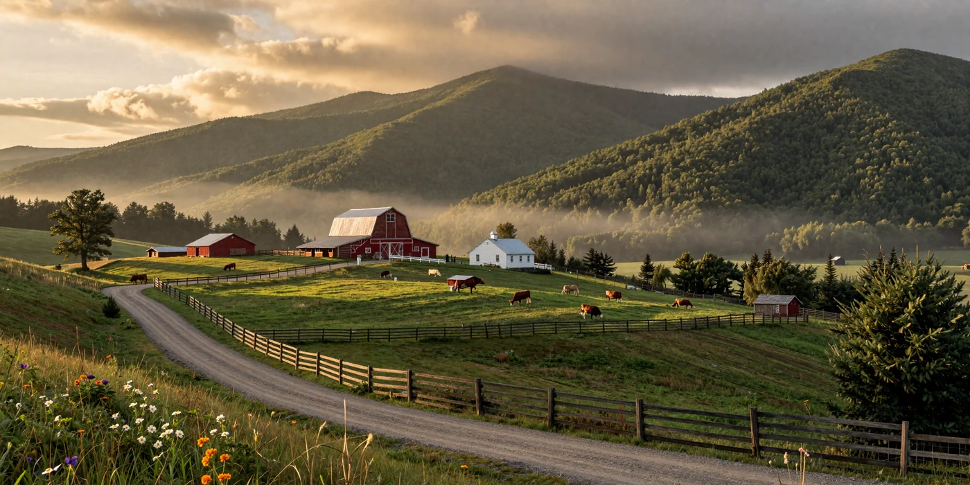 Misty West Virginia Appalachian mountain valley with small hillside farm and cattle grazing - west virginia farmers dating