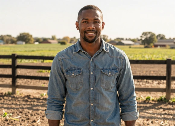 Confident Black farmer standing proudly in front of his green pasture and wooden fence - African American rural singles