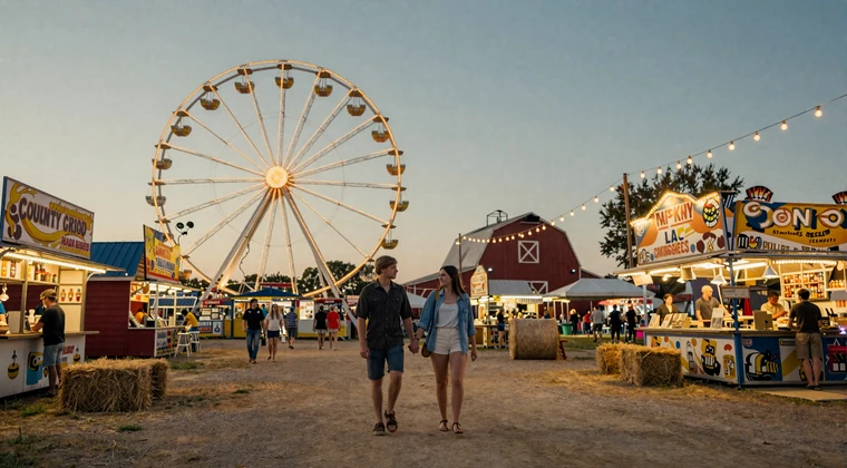 Young couple walking hand in hand at a county fair at dusk with Ferris wheel lights and string lights creating a romantic rural date atmosphere