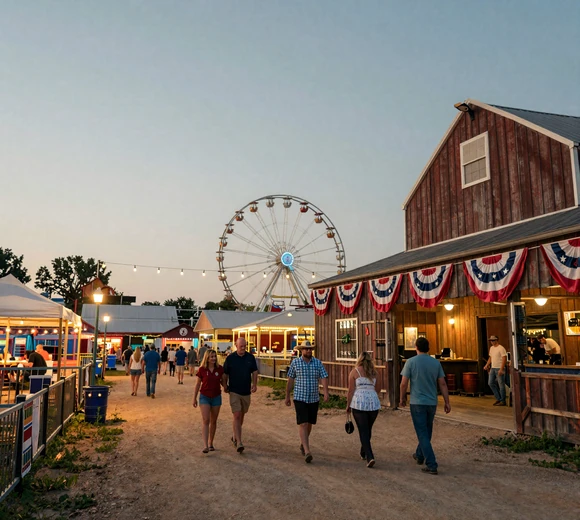 Kansas county fairground at evening with string lights, ferris wheel, and livestock barn - Kansas dating culture