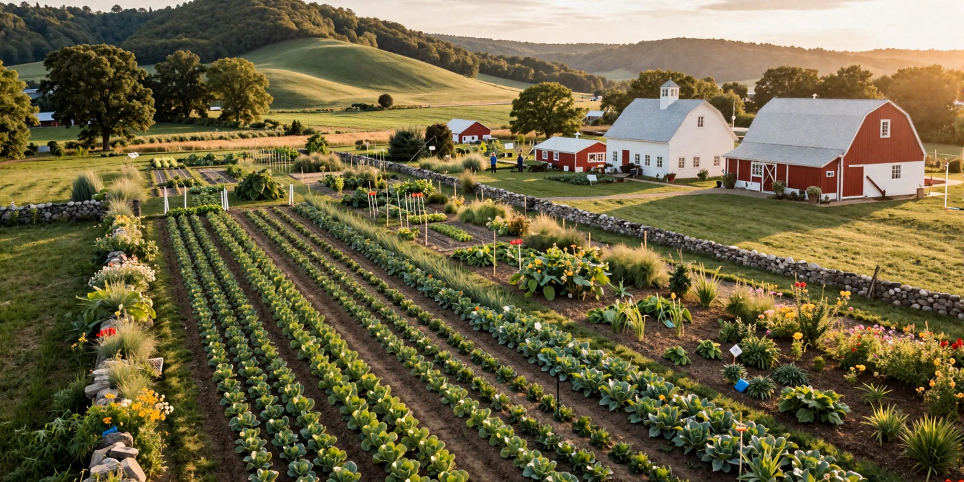 Lush organic farm at golden hour with neat vegetable rows and a red barn - Jewish farmers dating