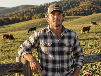 Jesse, 36-year-old Ozark cattle rancher leaning on fence with grazing cattle - farm dating Little Rock area