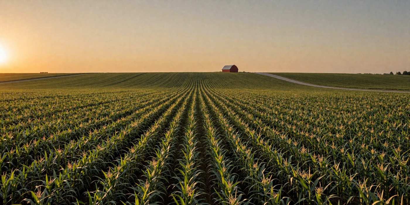 Golden Iowa cornfields stretching to the horizon at sunset with rolling farmland - iowa farmers dating
