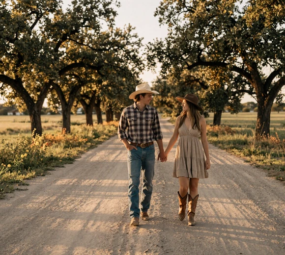 Young couple walking hand-in-hand on a Texas ranch road at golden hour - cowboy dating Texas
