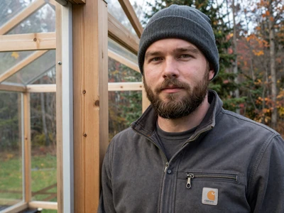 Marcus, 37-year-old organic homesteader beside greenhouse on Unity Maine farm - farm singles Portland area