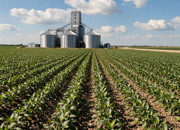 Lush Illinois soybean field with grain elevator in background on a bright summer day - farm dating Illinois