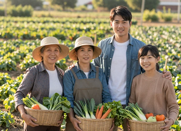 Multigenerational Asian-American farming family standing together at their vegetable farm - family values in Asian agriculture