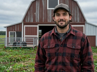Marcus, 37-year-old turkey farmer standing near confinement barn on Minnesota farm - farm dating Minneapolis area
