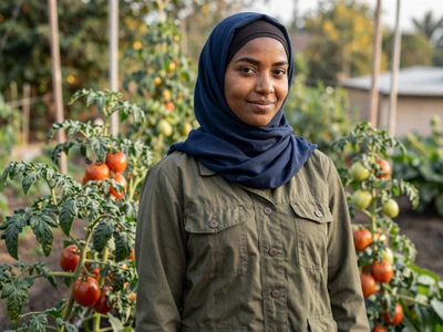 Amina, a 30-year-old Somali-American farmer smiling in her vegetable garden