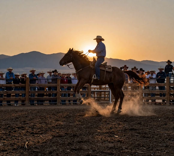 Montana rodeo at sunset with cowboy on bucking bronc and mountain backdrop - Montana dating culture