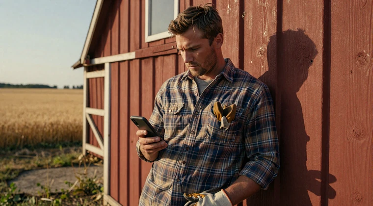 Farmer leaning against a red barn checking his phone with no dating matches, rural Midwest wheat field behind him