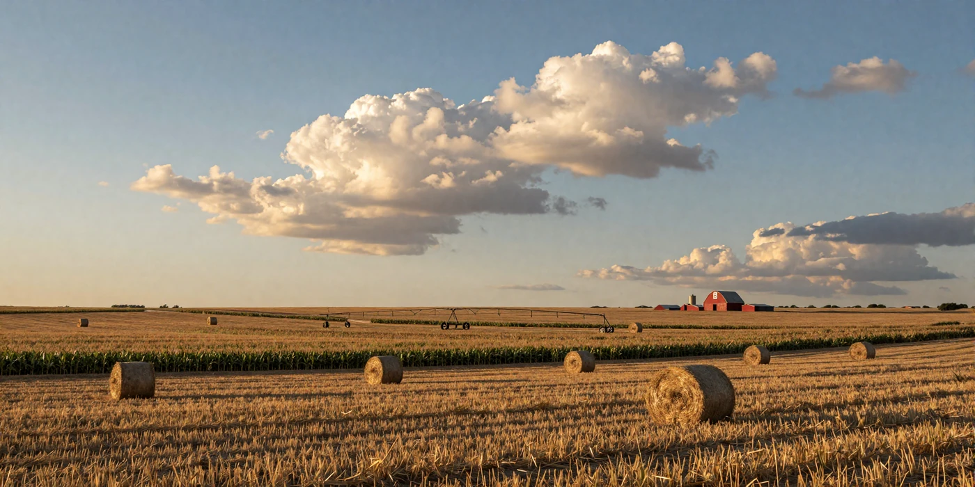Nebraska cornfields stretching across the Great Plains at golden hour with center pivot irrigation and grain elevator - nebraska farmers dating