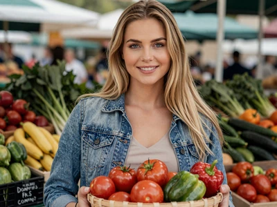 Megan, 28-year-old Ohio organic farmer holding fresh produce at a Columbus farmers market - farm dating Columbus