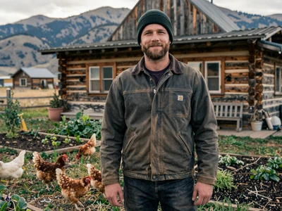 Jake, 33-year-old organic homesteader outside log cabin in Montana Bitterroot Valley - ranch dating Montana