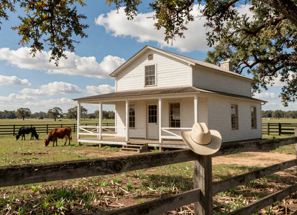 Texas ranch house with cattle grazing in green pasture under big blue sky - ranch singles Texas