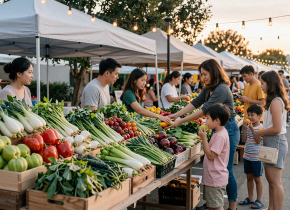 Asian-American community farmers market with colorful vegetable stalls and families gathering at golden hour