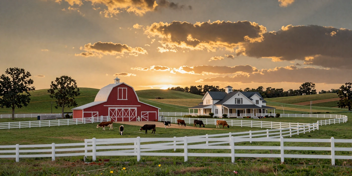 Sprawling prosperous ranch estate with green pastures and elegant farmhouse at golden hour - millionaire farmers dating