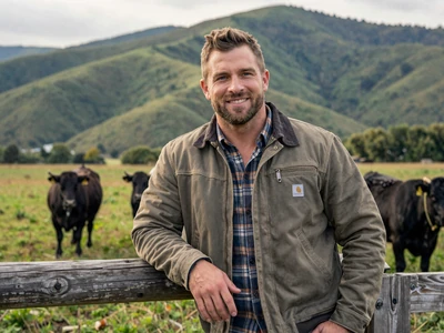 Travis, 35-year-old West Virginia cattle rancher leaning on fence with Angus cattle on mountain pasture - west virginia farmers dating