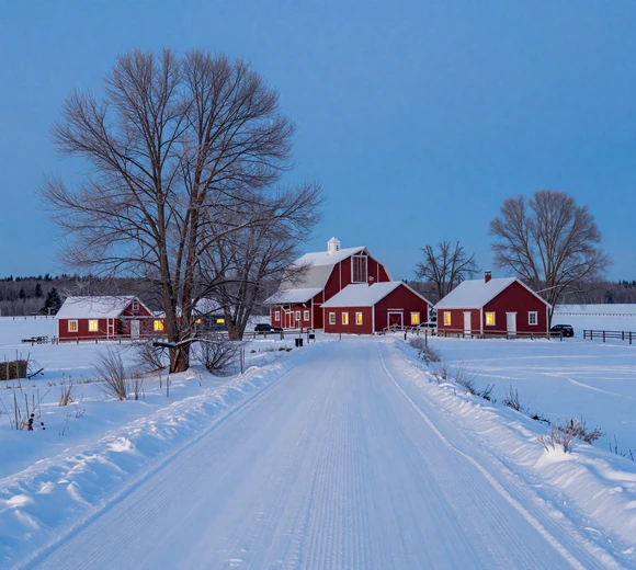 Snow-covered Minnesota country road leading to a lit farmhouse at twilight - rural dating challenges Minnesota