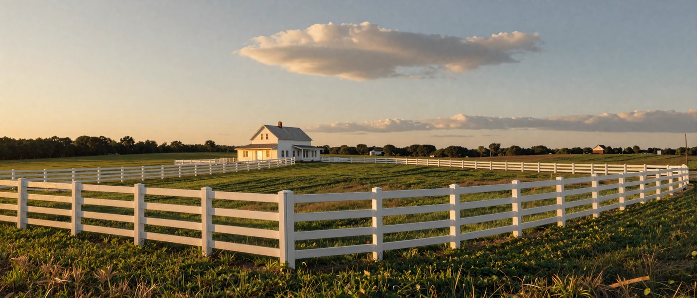 Peaceful farmhouse at golden hour with secure white fence - online dating safety for rural singles