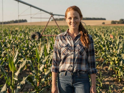Megan, 29-year-old Nebraska corn farmer smiling in Platte Valley cornfield - rural singles Nebraska