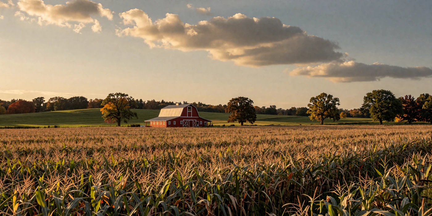 Ohio golden cornfields with classic red barn at sunset - ohio farmers dating landscape